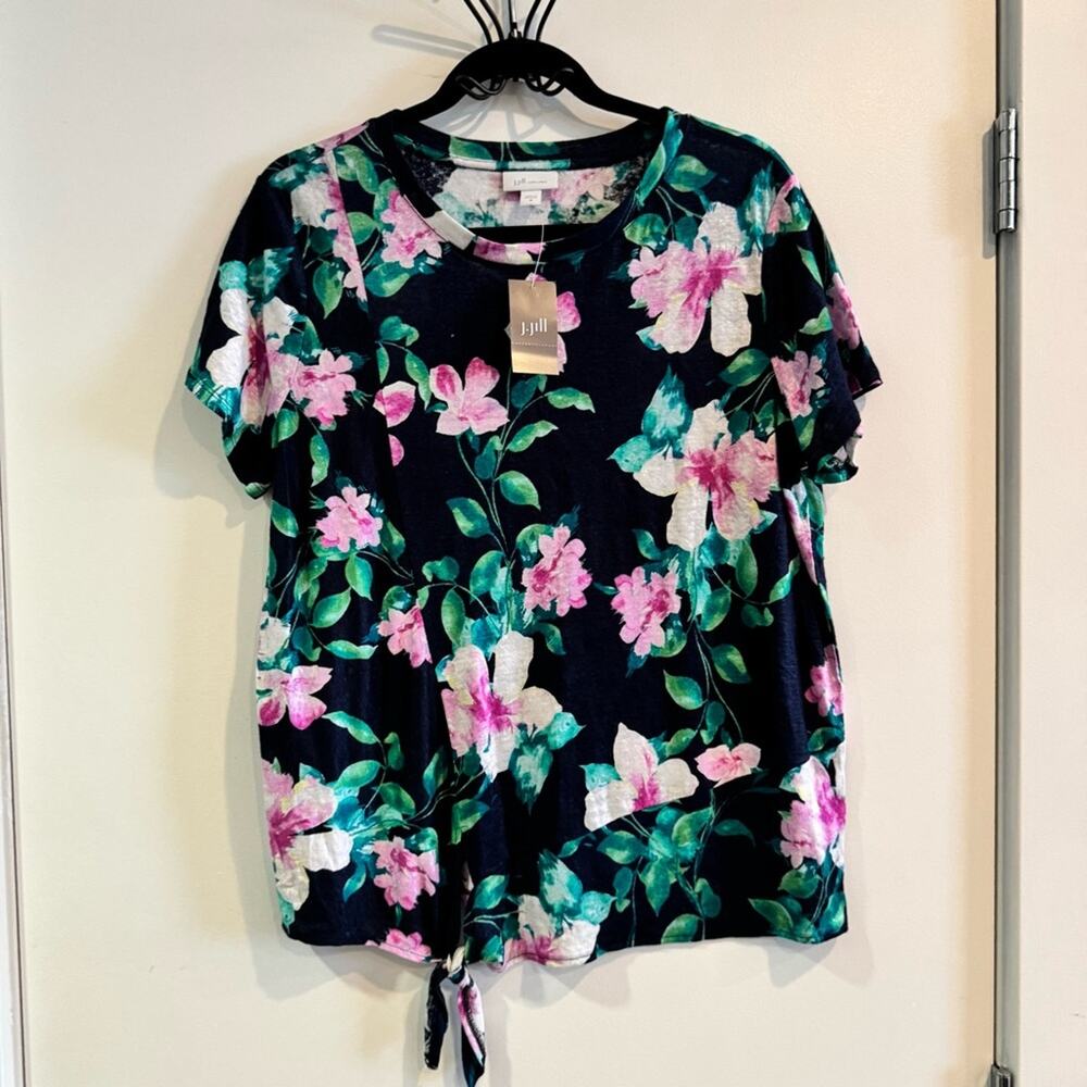 New J.Jill Blue Green Pink Short Sleeve Floral Print Linen Blouse Women's sz M